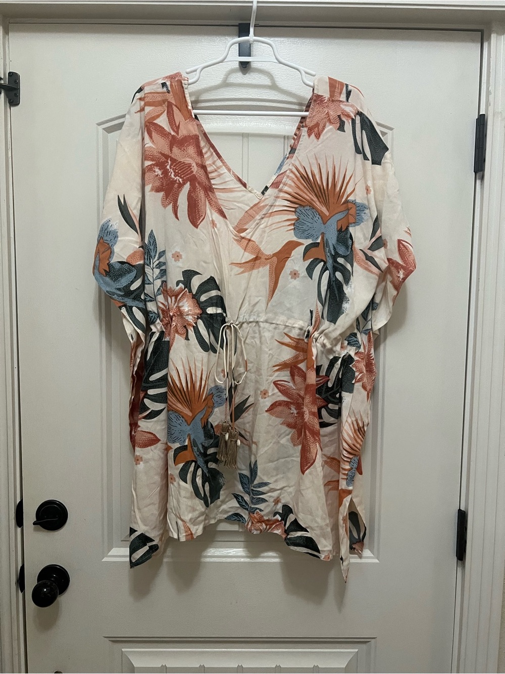 Z&L Europe Floral Tie-Waist Swim Cover Up Cream Terracotta Blue Boho Beach Tunic